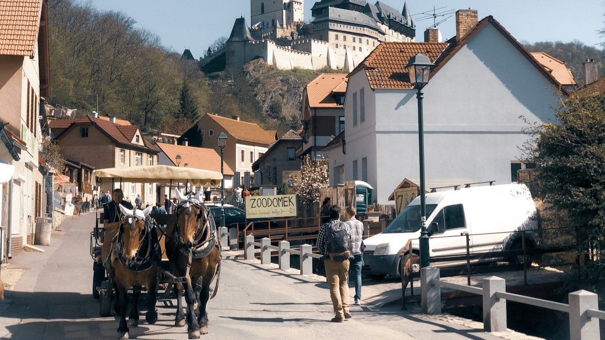 two men walking beside carriage
